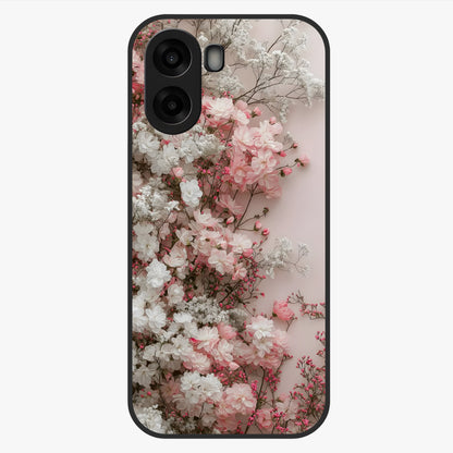 Blush Blossom Cloud Glass Case showing flat back view with dreamy blush cloud blossom artwork and glossy glass finish.