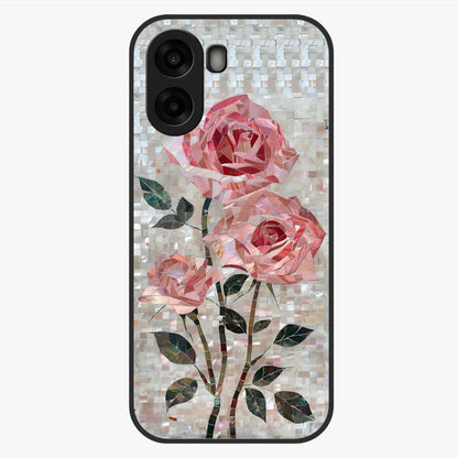 Blush Mosaic Bloom Glass Case showing flat back view with mosaic floral bloom artwork and glossy glass finish.
