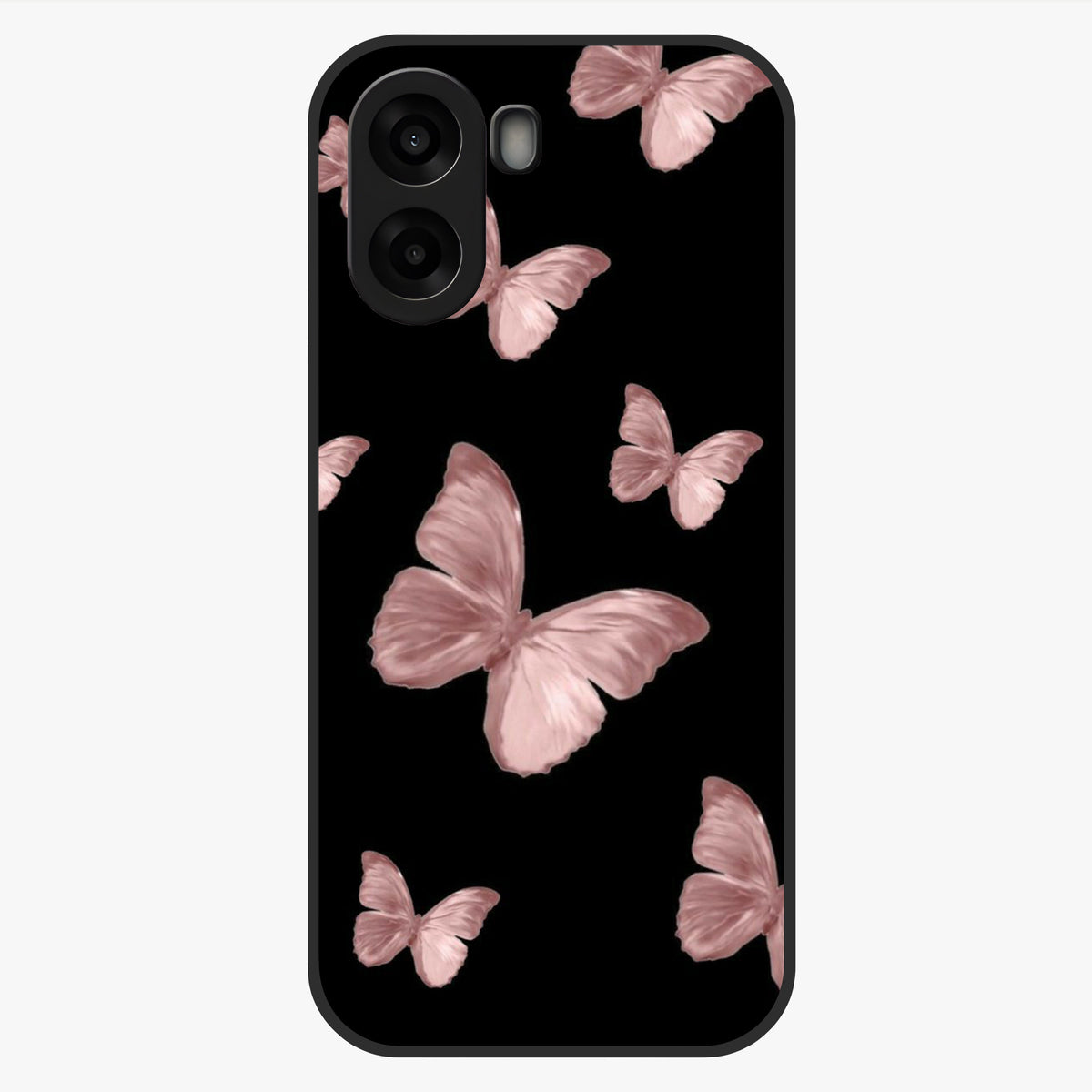 Butterfly Pattern Glass Case showing flat back view with elegant butterfly pattern artwork and glossy glass finish.