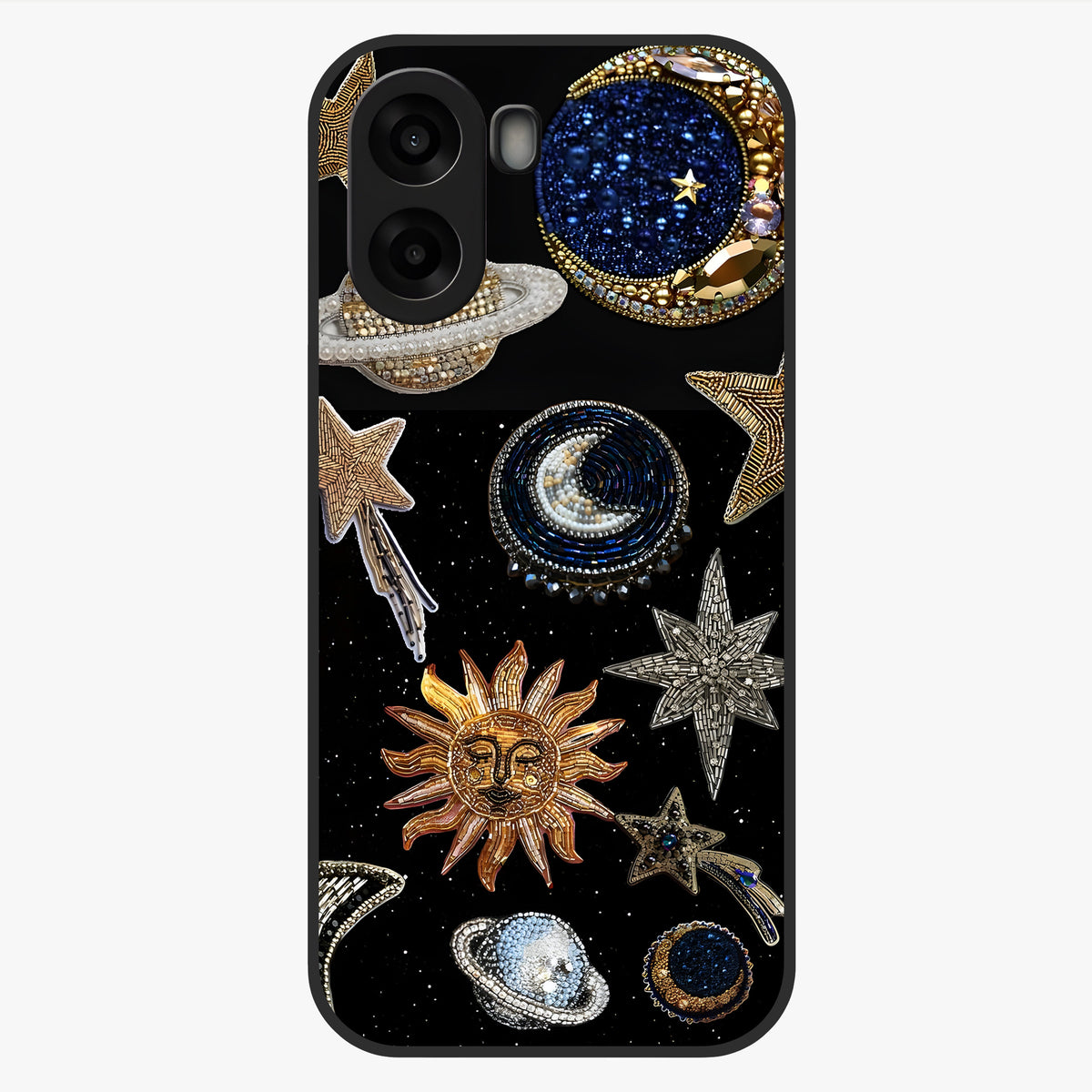 Celestial Gem Constellations Glass Case showing flat back view with sparkling constellation artwork and glossy glass finish.