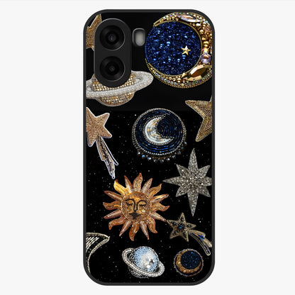 Celestial Gem Constellations Glass Case showing flat back view with sparkling constellation artwork and glossy glass finish.