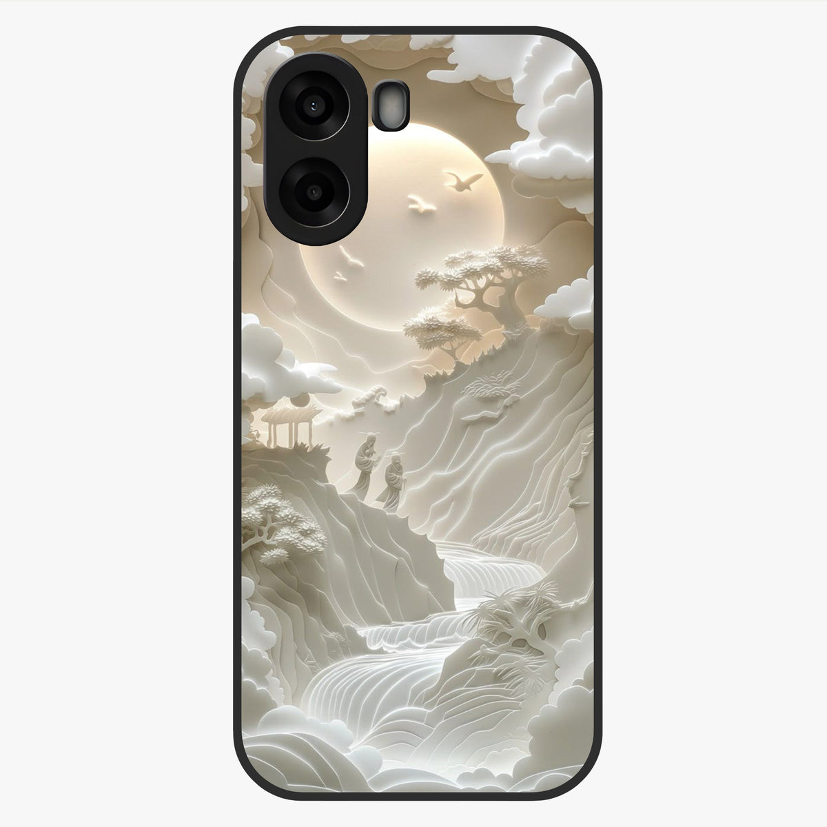Celestial Origami Glass Case showing flat back view with artistic origami inspired celestial artwork and glossy glass finish.