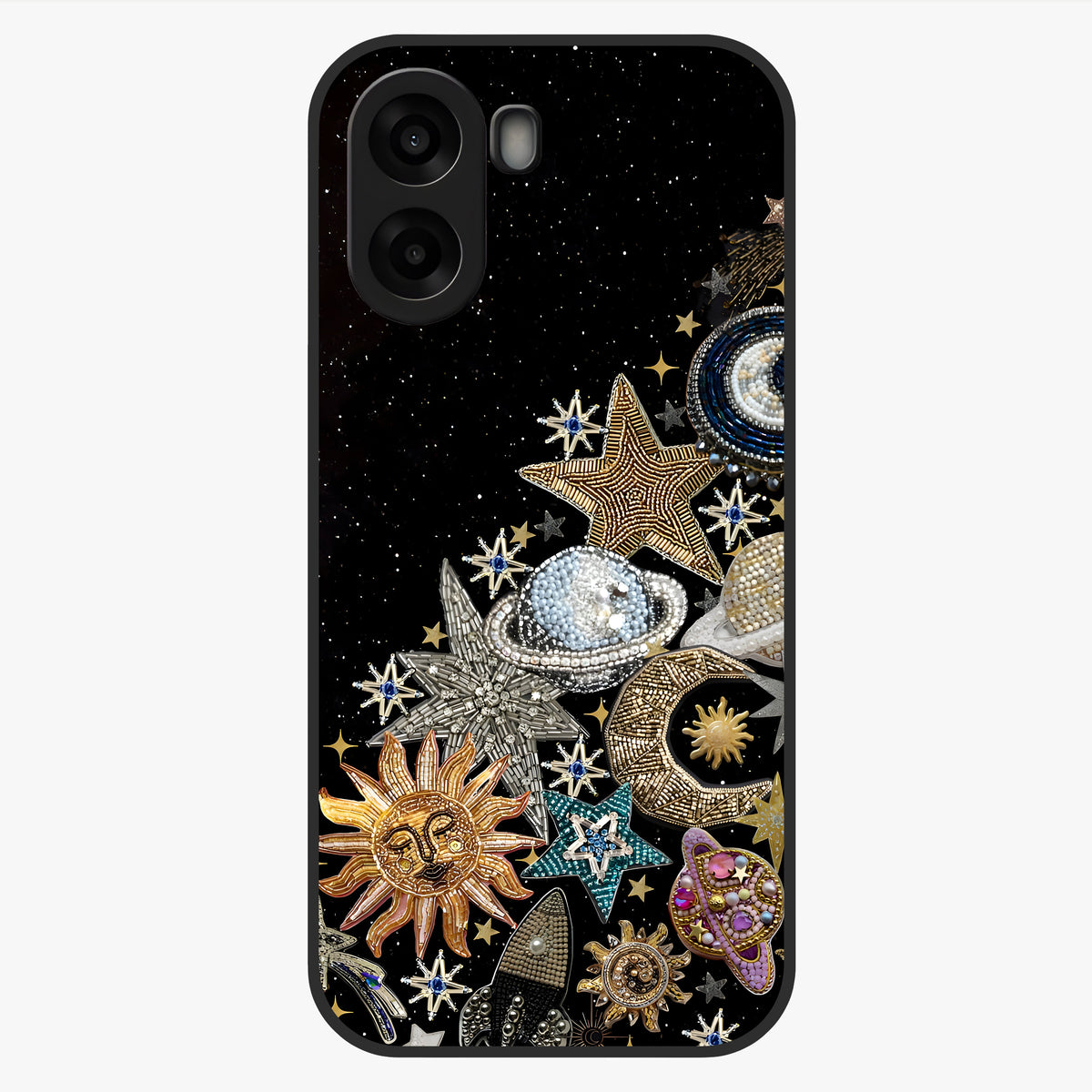 Cosmic Sparkle Dreams Glass Case showing flat back view with sparkling cosmic artwork and glossy glass finish.