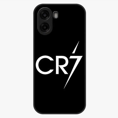 Cr7 Elite Strike Glass Case showing flat back view with dynamic football inspired artwork and glossy glass finish.