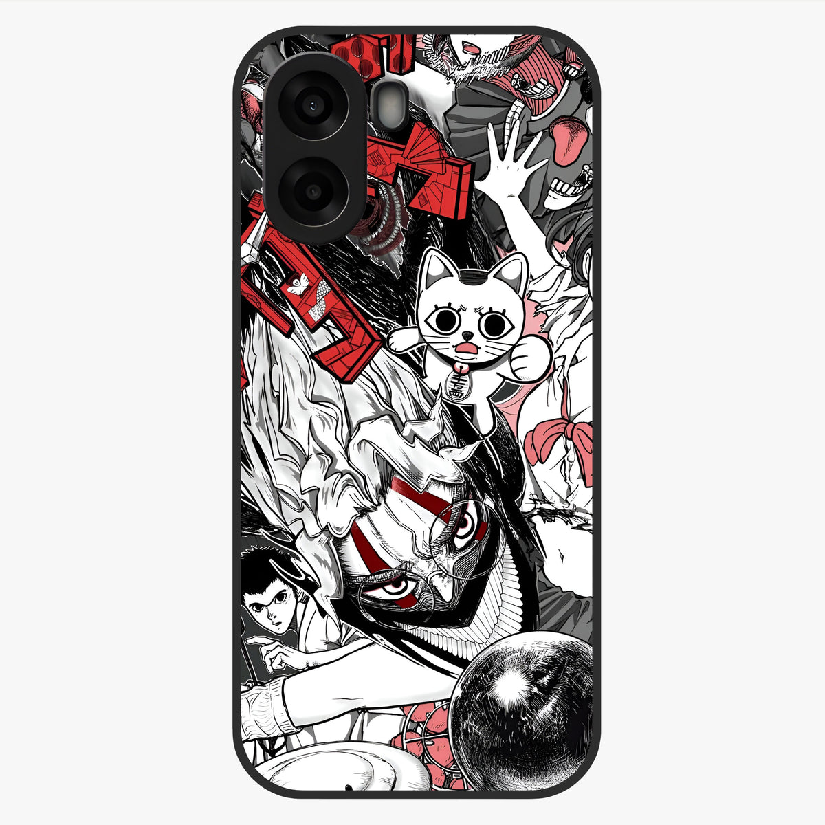 Crimson Chaos Panel Glass Case showing flat back view with bold crimson abstract artwork and glossy glass finish.