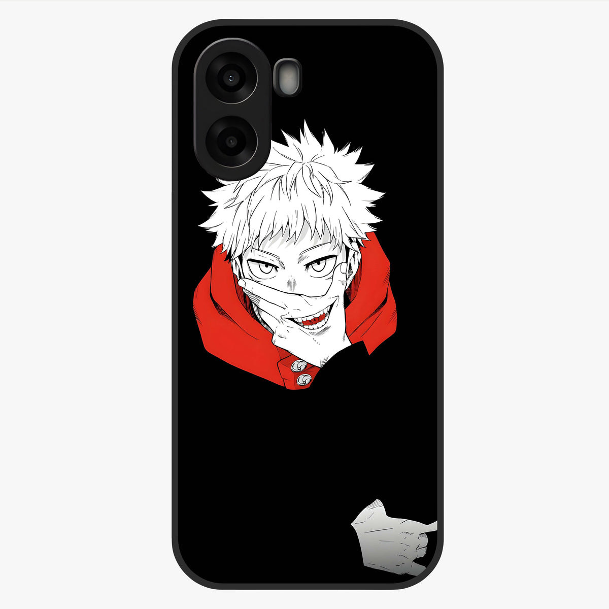 Crimson Chaos Smile Glass Case showing flat back view with bold chaotic smile artwork and glossy glass finish.