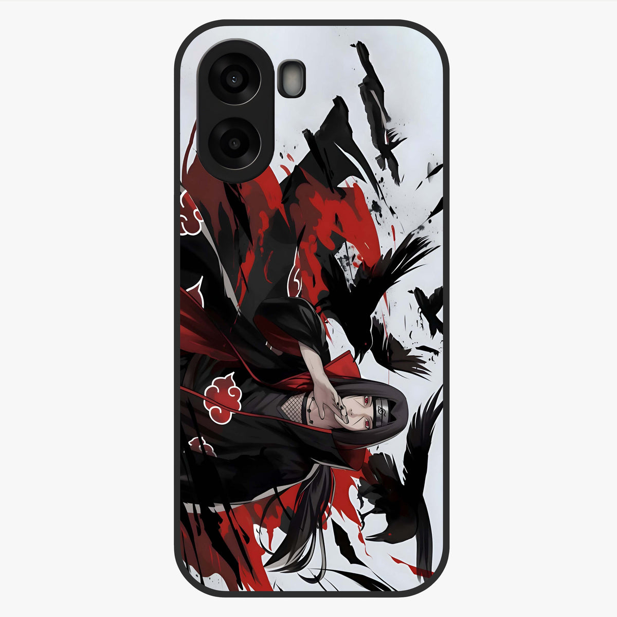 Crimson Crow Illusion Glass Case showing flat back view with artistic crow illusion artwork and glossy glass finish.