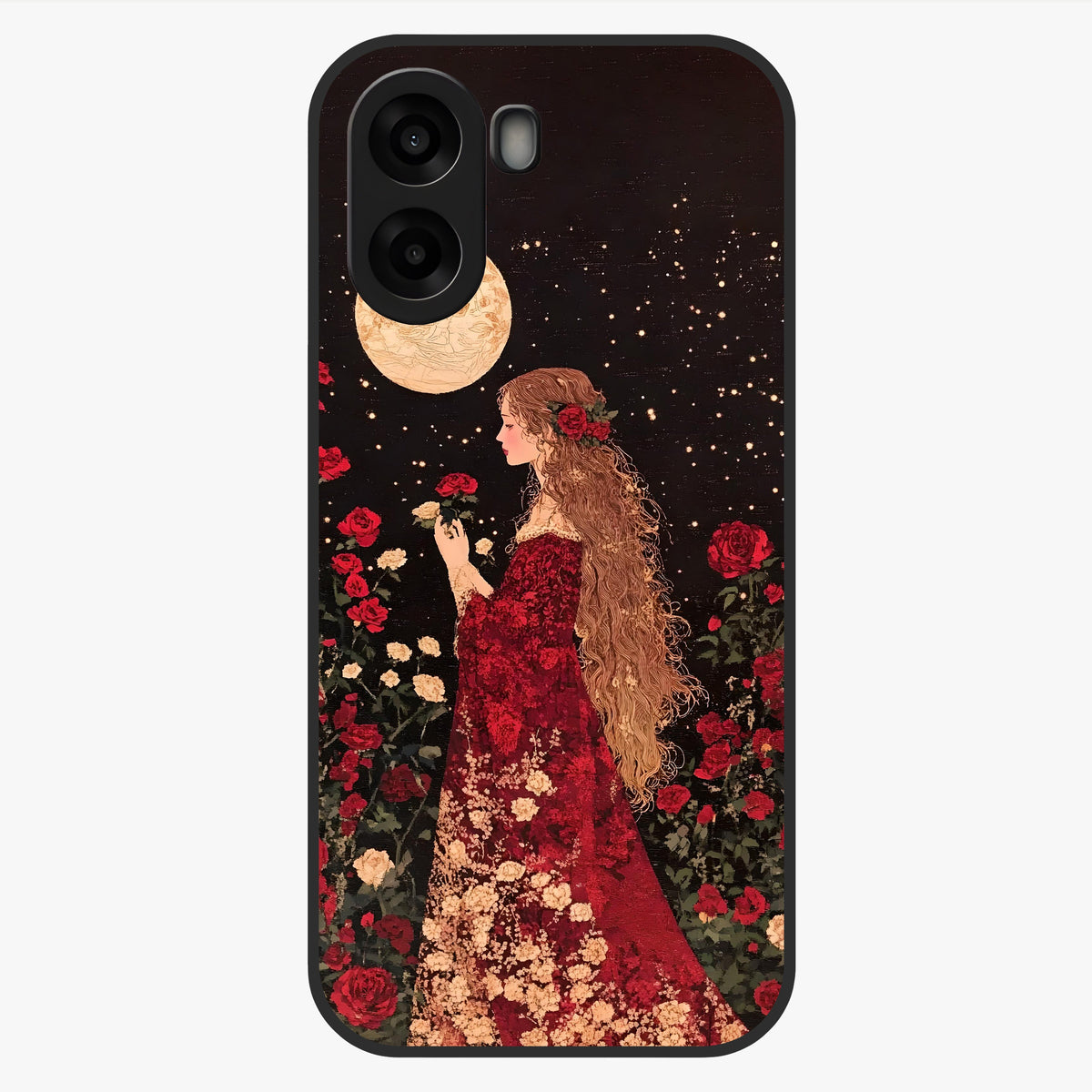 Crimson Dreams Glass Case showing flat back view with dreamy crimson artwork and glossy glass finish.