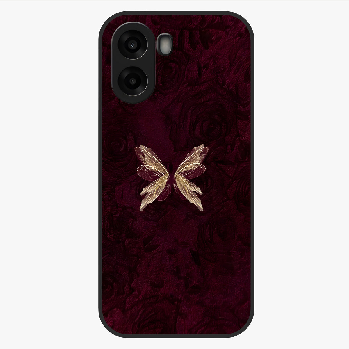 Crimson Fade Butterfly Glass Case showing flat back view with fading butterfly artwork and glossy glass finish.
