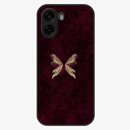 Crimson Fade Butterfly Glass Case showing flat back view with fading butterfly artwork and glossy glass finish.