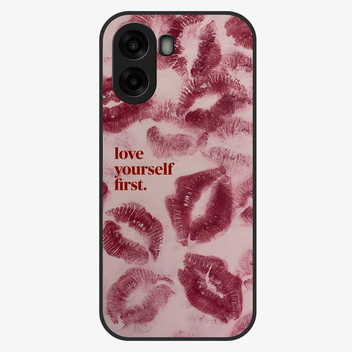 Crimson Kiss Love Glass Case showing flat back view with romantic crimson themed artwork and glossy glass finish.