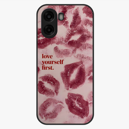 Crimson Kiss Love Glass Case showing flat back view with romantic crimson themed artwork and glossy glass finish.