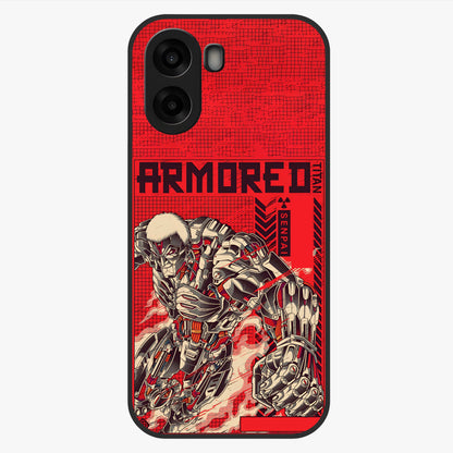 Crimson Mecha Titan Glass Case showing flat back view with powerful mech titan artwork and glossy glass finish.