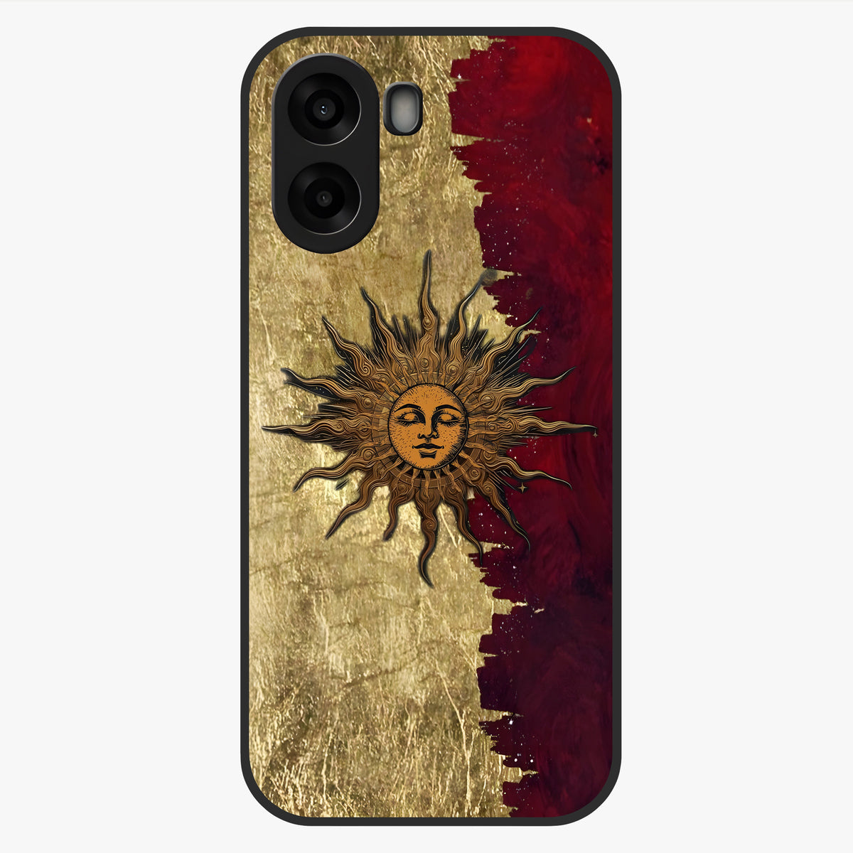 Crimson Sun Majesty Glass Case showing flat back view with radiant sun inspired artwork and glossy glass finish.
