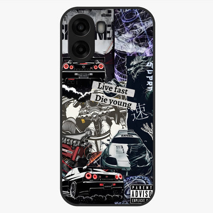 Die Young Glass Case showing flat back view with bold artistic typography design and glossy glass finish.
