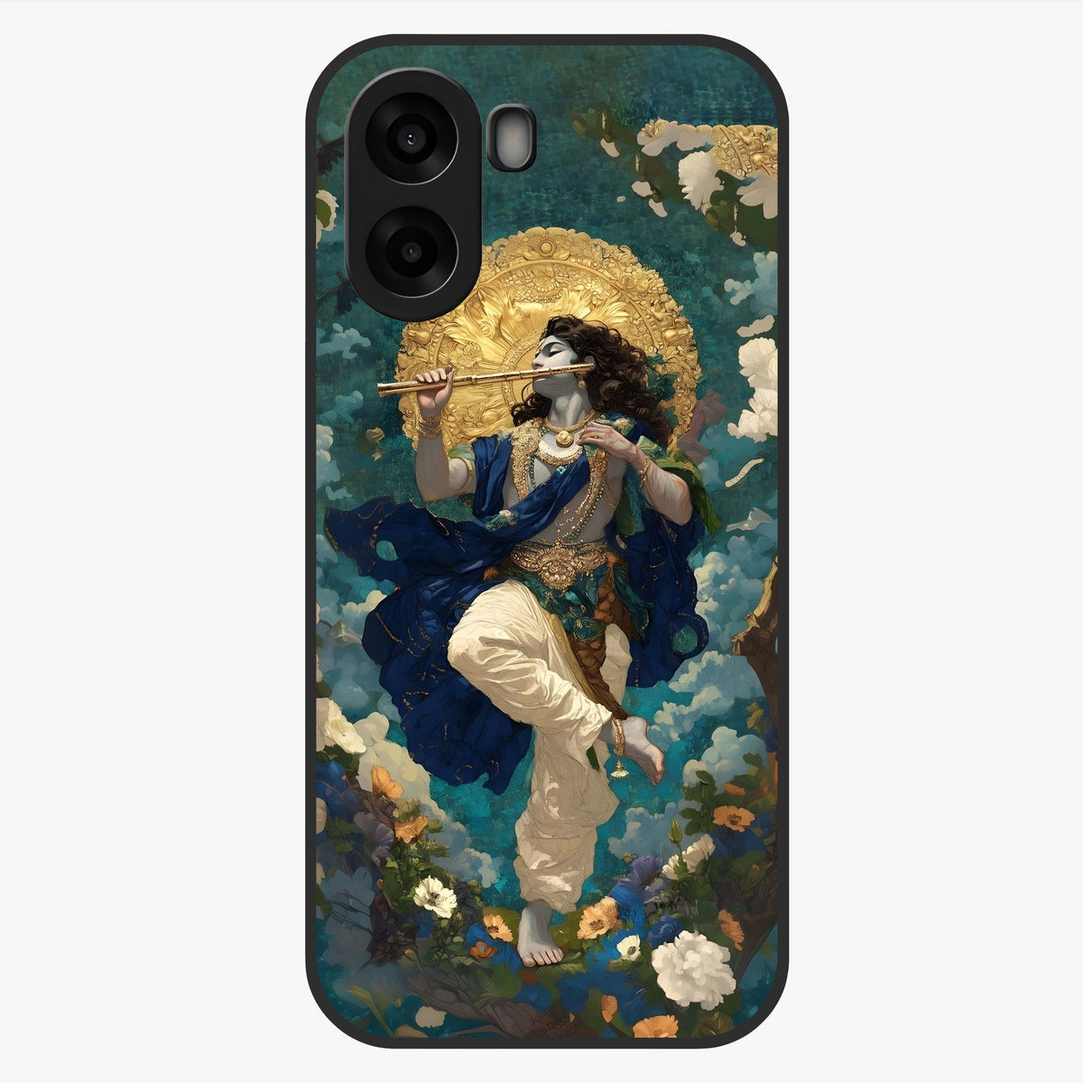 Divine Krishna Art Glass Case showing flat back view with Lord Krishna artwork and glossy glass finish.
