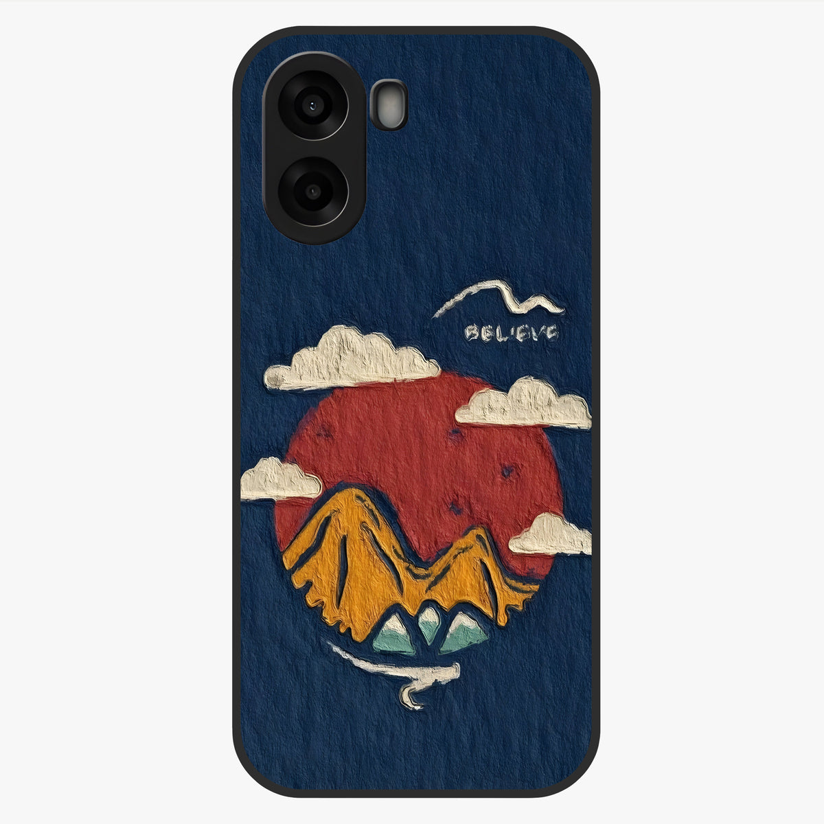 Dream Beyond Mountains Glass Case showing flat back view with scenic mountain landscape artwork and glossy glass finish.