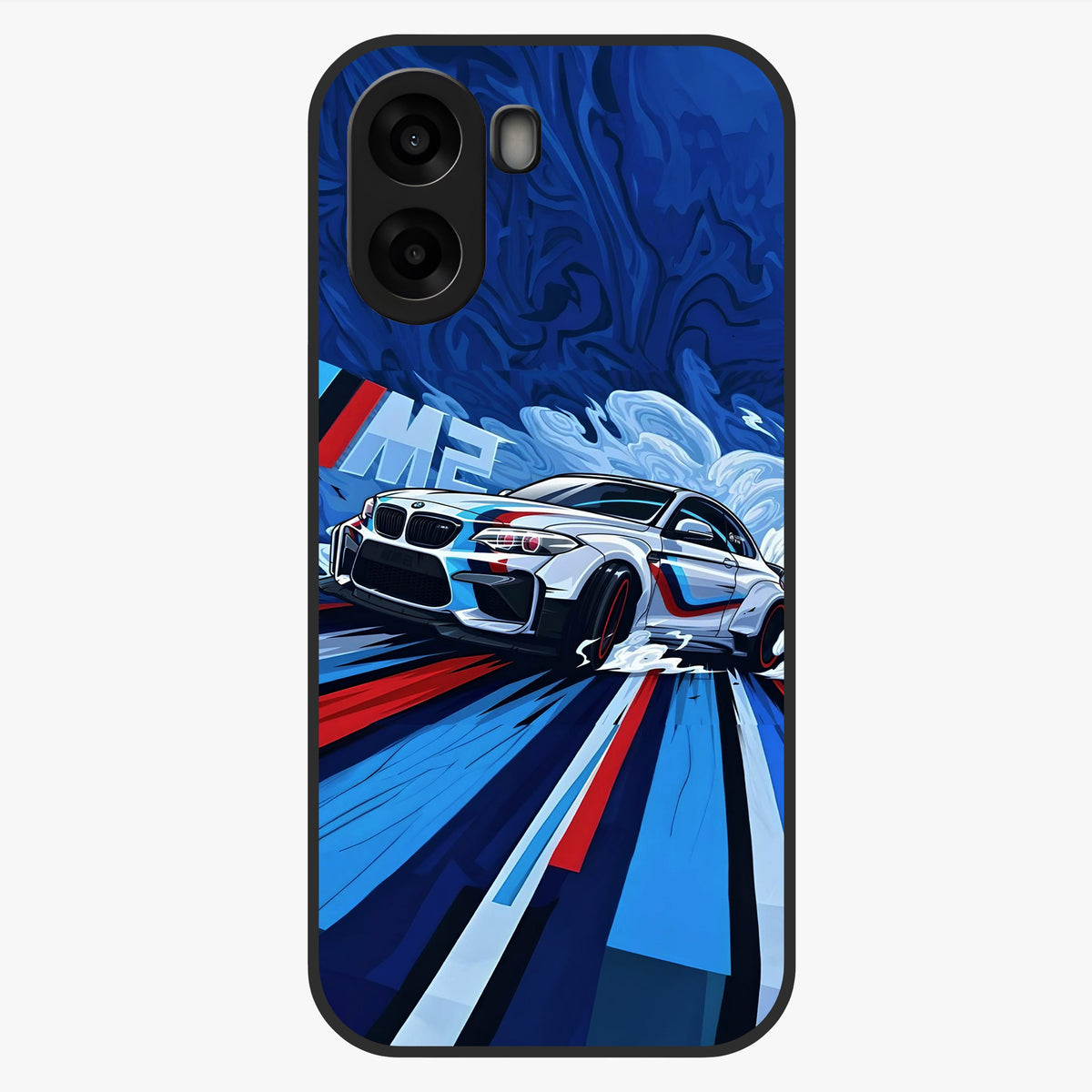 Drift Power Rush Glass Case showing flat back view with dynamic racing inspired artwork and glossy glass finish.