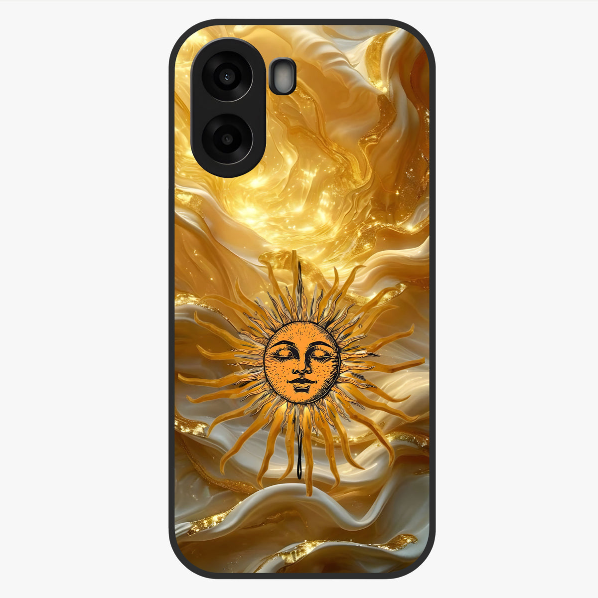 Eternal Golden Glow Glass Case showing flat back view with radiant golden themed artwork and glossy glass finish.