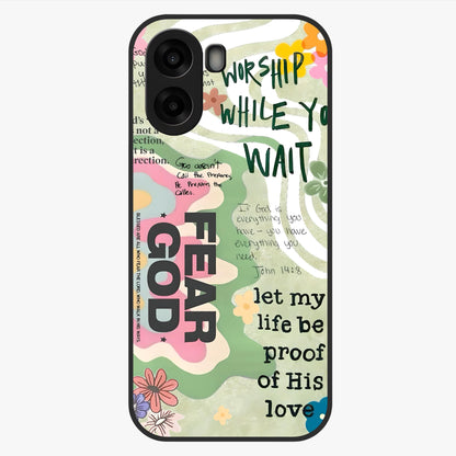Faith Over Fear Glass Case showing flat back view with motivational typography artwork and glossy glass finish.