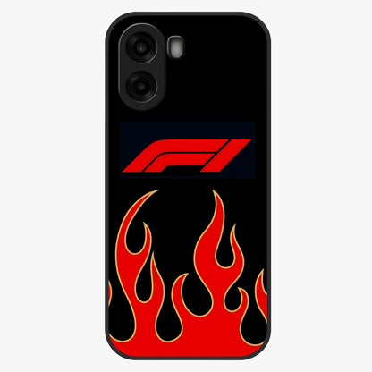 Fire F11 Glass Case showing flat back view with fiery themed artwork and glossy glass finish.