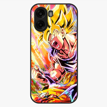 Firing Goku Glass Case showing flat back view with powerful anime inspired artwork and glossy glass finish.