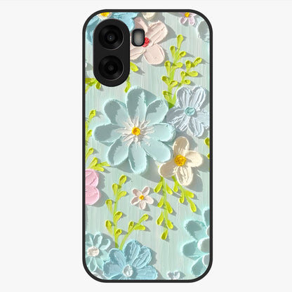 Frosted Petal Garden Glass Case showing flat back view with soft frosted floral artwork and glossy glass finish.