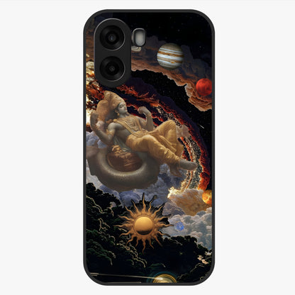 Galactic Divine God Glass Case showing flat back view with divine cosmic themed artwork and glossy glass finish.