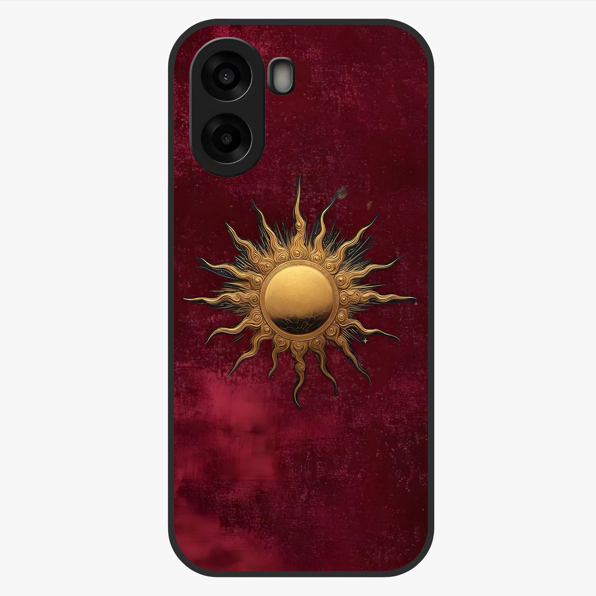 Gold Sun Blush Glass Case showing flat back view with golden sun inspired artwork and glossy glass finish.