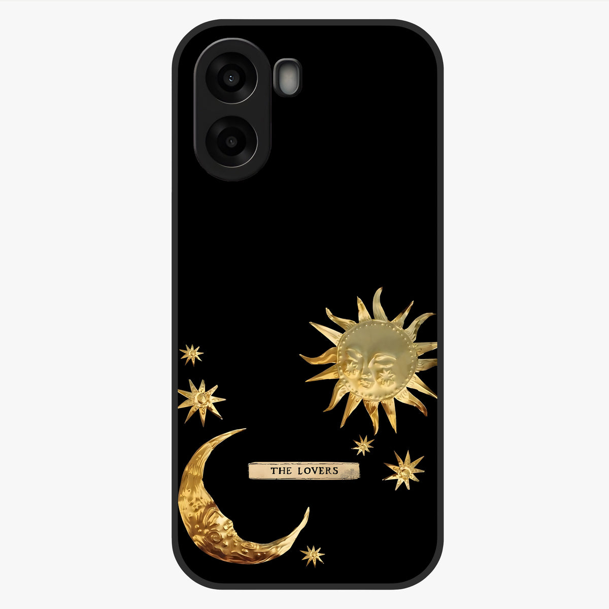 Golden Celestial Charm Glass Case showing flat back view with golden celestial charm artwork and glossy glass finish.