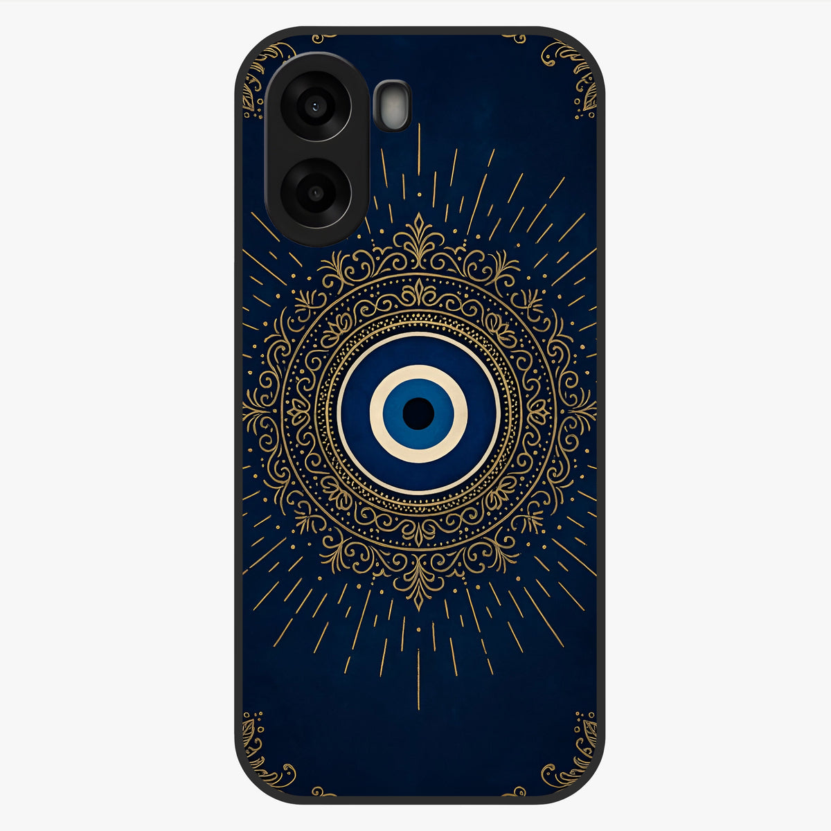 Golden Evil Eye Mandala Glass Case showing flat back view with intricate evil eye mandala artwork and glossy glass finish.
