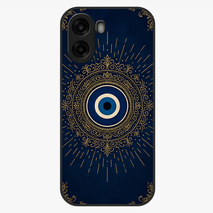 Golden Evil Eye Mandala Glass Case showing flat back view with intricate evil eye mandala artwork and glossy glass finish.