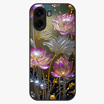 Golden Lotus Glow Glass Case showing flat back view with glowing lotus flower artwork and glossy glass finish.