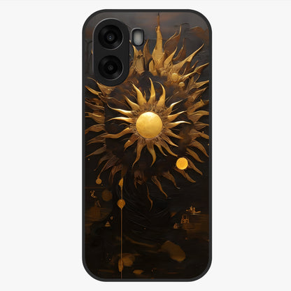 Golden Sun Majesty Glass Case showing flat back view with radiant golden sun artwork and glossy glass finish.