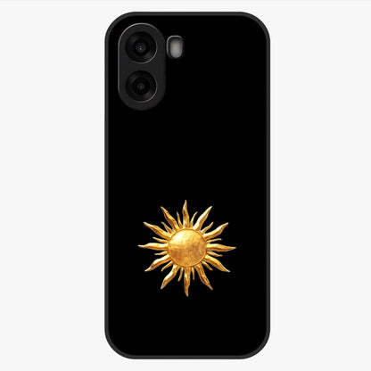 Golden Sun Minimalism Glass Case showing flat back view with minimal golden sun artwork and glossy glass finish.