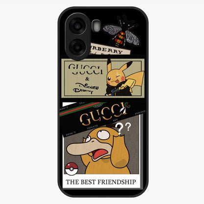 Gucci Play Mashup Glass Case showing flat back view with luxury inspired graphic artwork and glossy glass finish.