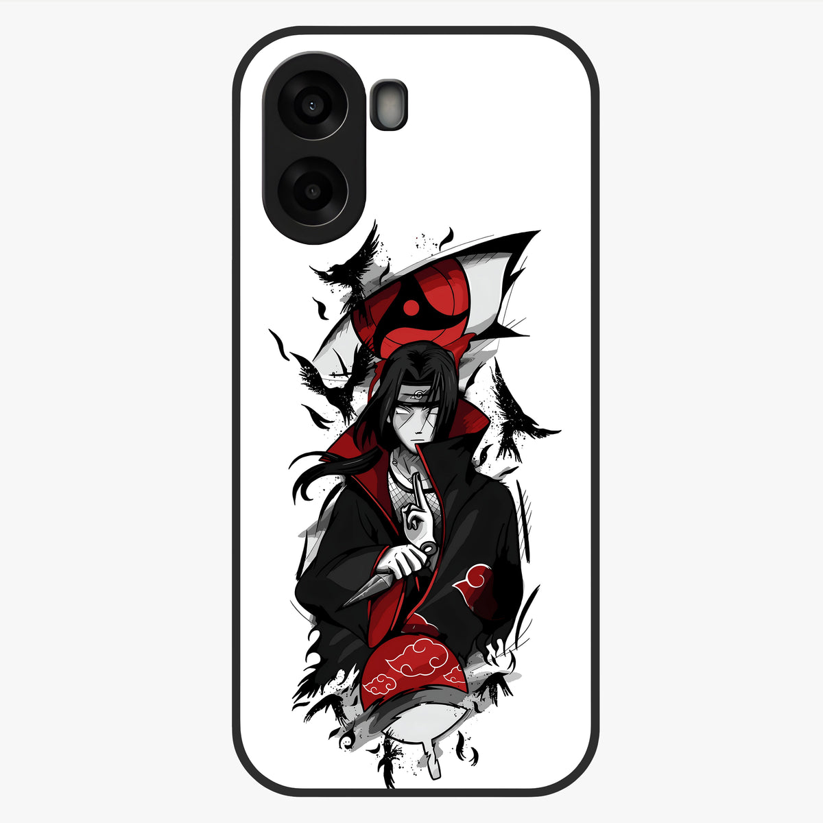 Itachi Sharingan Glass Case showing flat back view with powerful anime eye artwork and glossy glass finish.