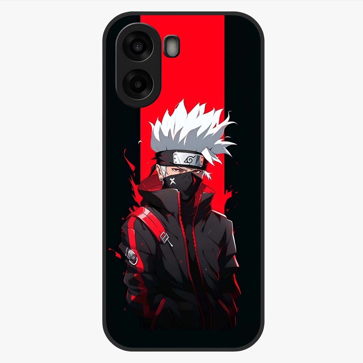 Kakashi Scarlet Shadow Glass Case showing flat back view with powerful anime ninja artwork and glossy glass finish.