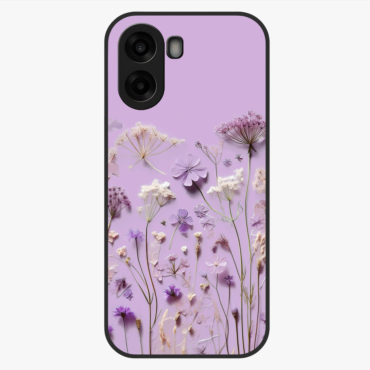 Lavender Blossom Dream Glass Case showing flat back view with soft lavender floral artwork and glossy glass finish.