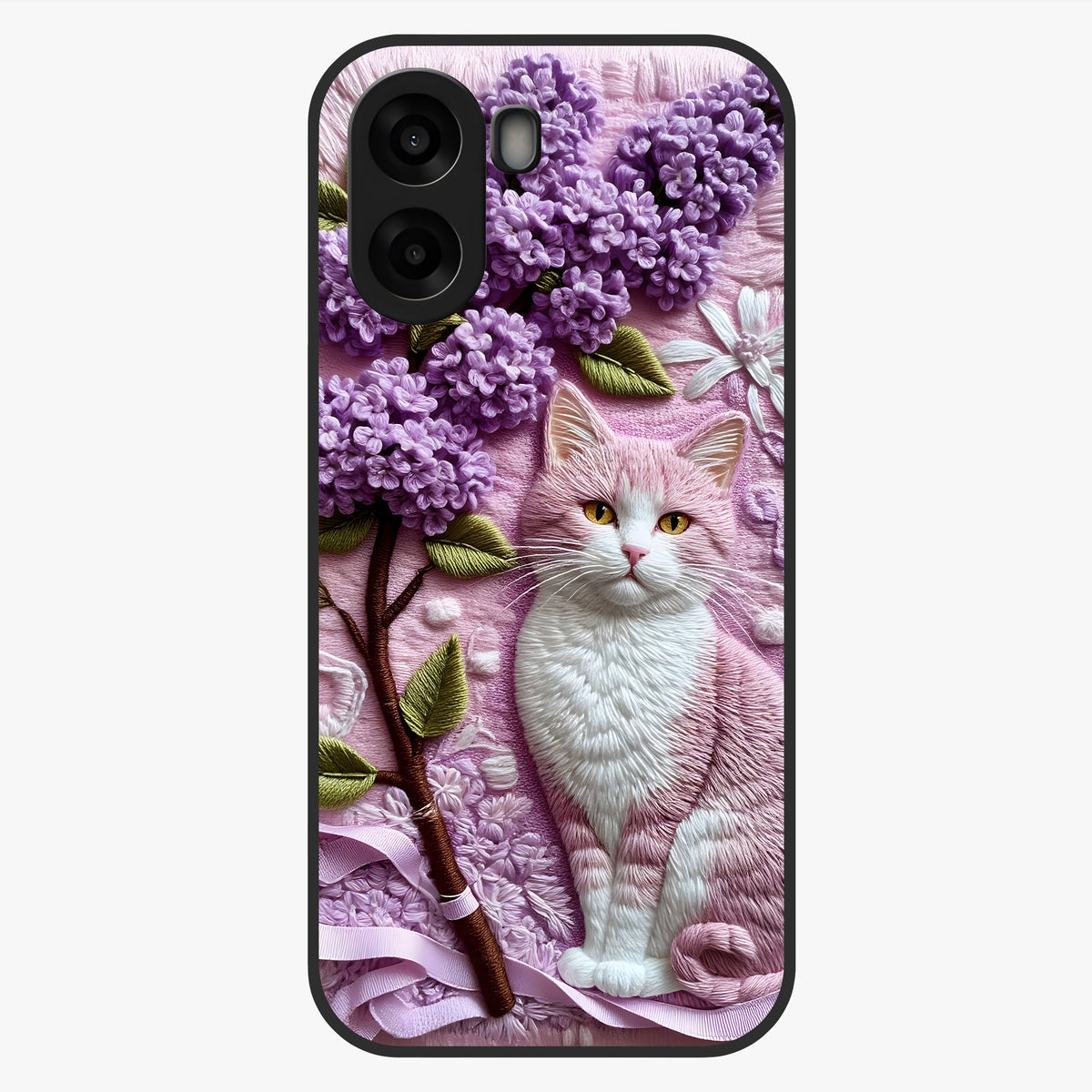 Lavender Cat Whimsy Glass Case showing flat back view with cute lavender cat artwork and glossy glass finish.