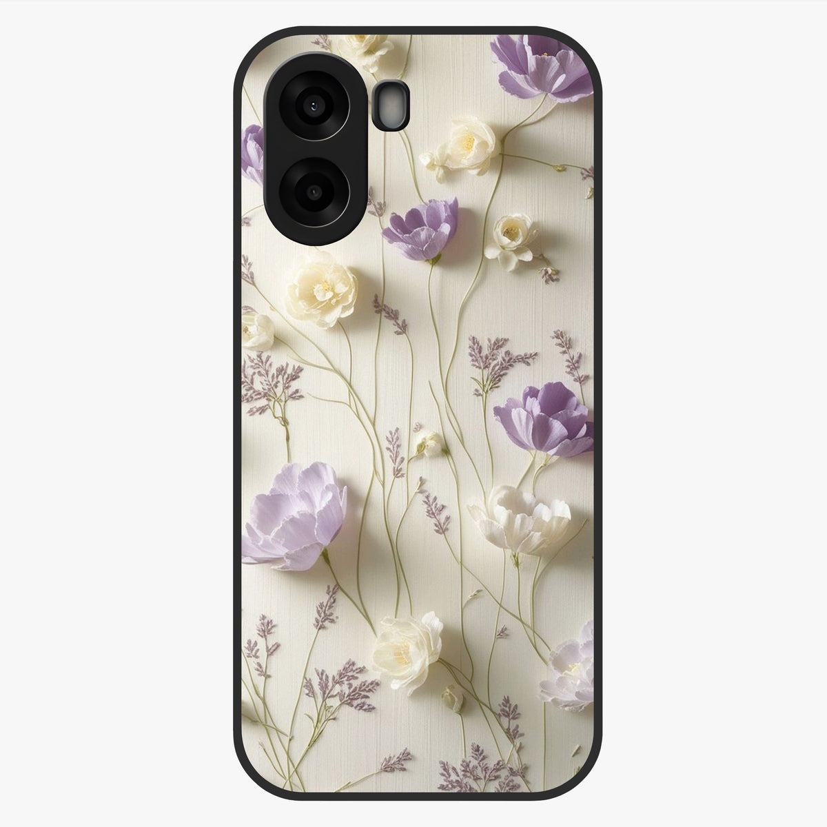 Lilac Breeze Harmony Glass Case showing flat back view with soft lilac themed artwork and glossy glass finish.