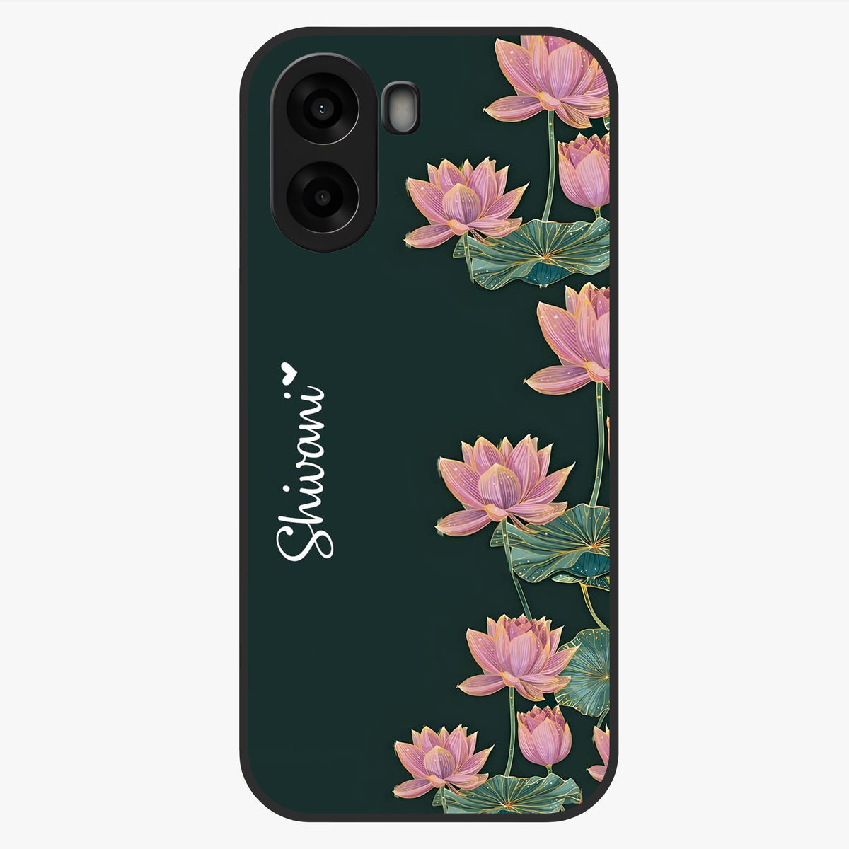 Lotus Bloom Serenity Custom Name Glass Case showing flat back view with elegant lotus flower artwork and personalized name design.