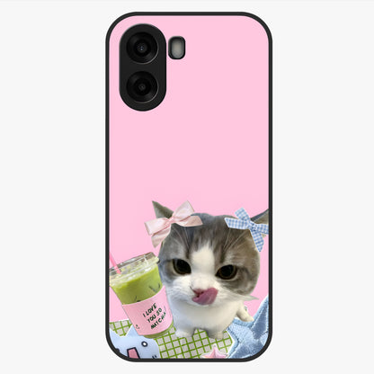 Love Matcha Cat Glass Case showing flat back view with cute cat and matcha themed artwork and glossy glass finish.