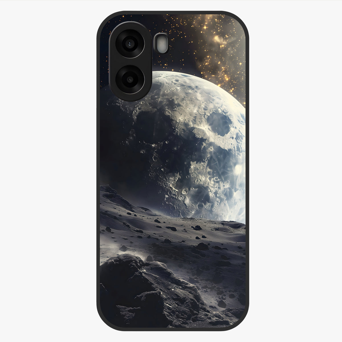 Lunar Horizon Glow Glass Case showing flat back view with glowing moon horizon artwork and glossy glass finish.