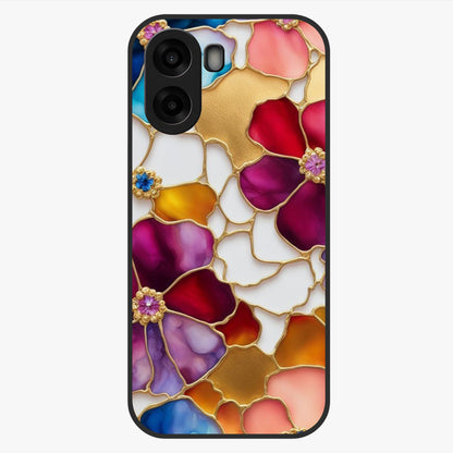 Marble Flower Pattern Glass Case showing flat back view with marble texture floral artwork and glossy glass finish.