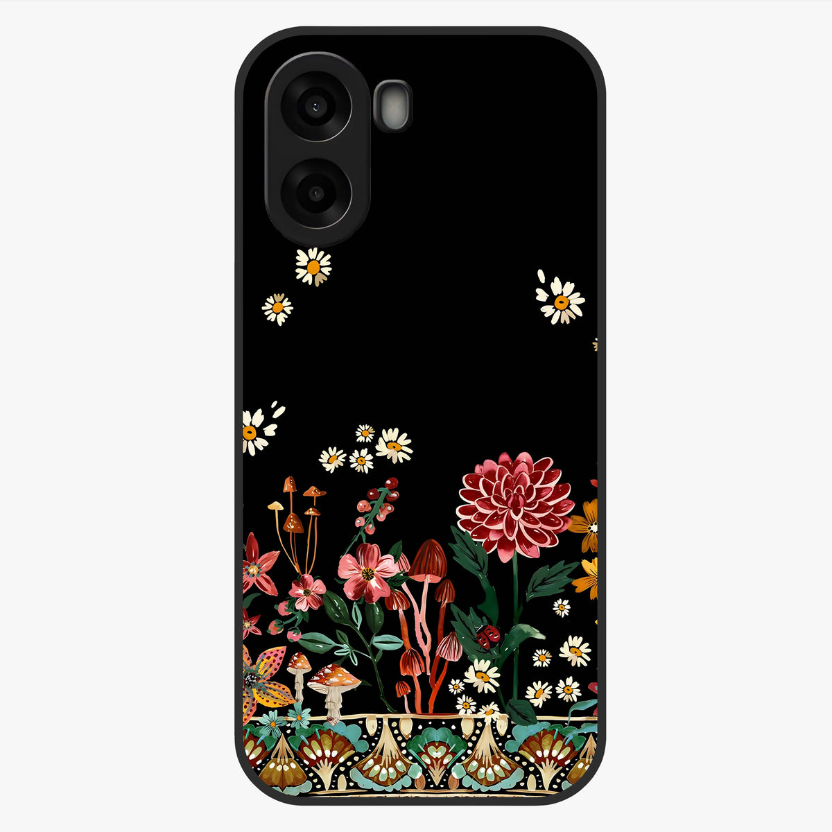 Midnight Bloom Pattern Glass Case showing flat back view with dark floral pattern artwork and glossy glass finish.