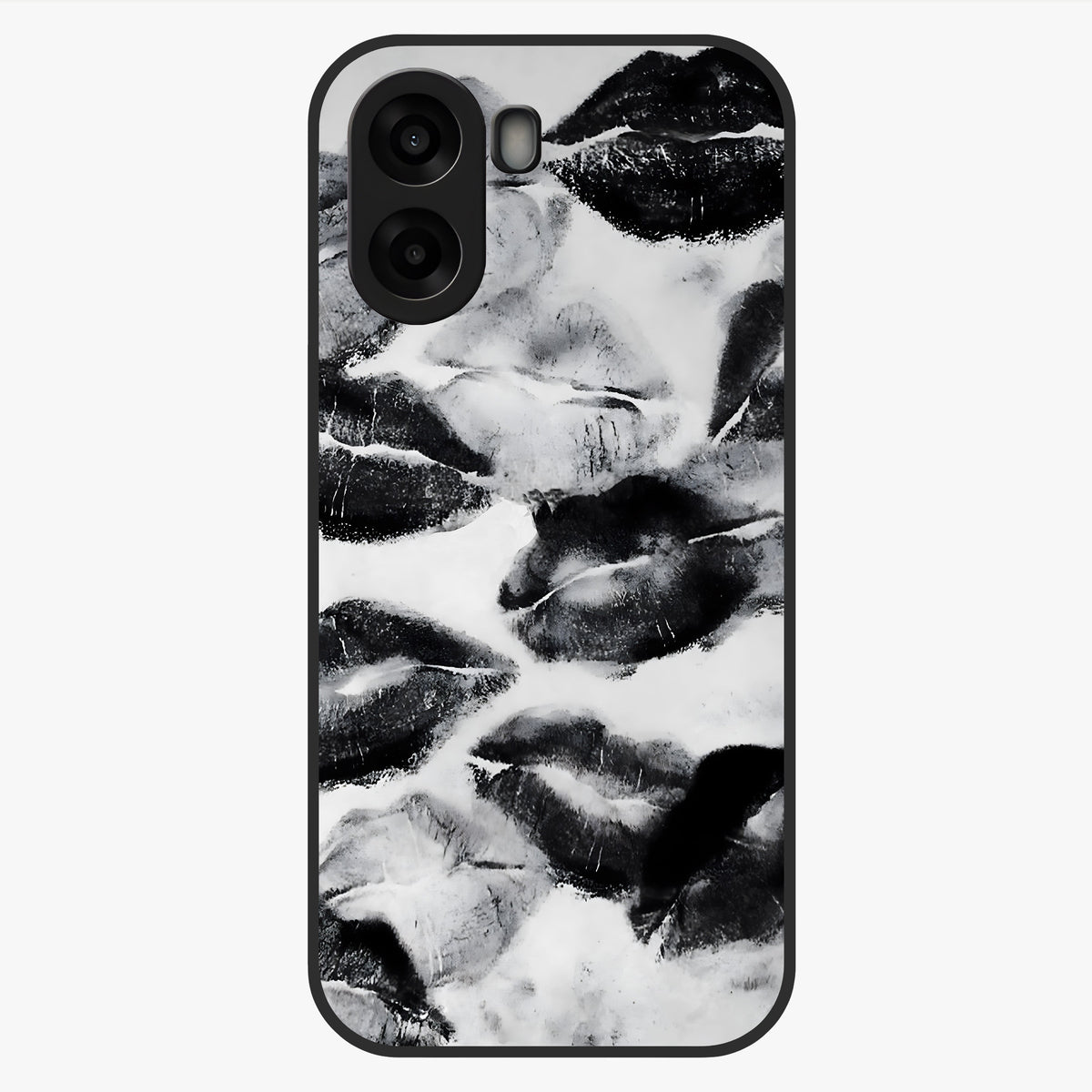 Midnight Kiss Marks Glass Case showing flat back view with lipstick kiss mark artwork and glossy glass finish.