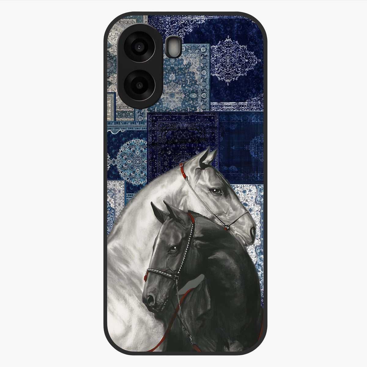 Midnight Stallion Blues Glass Case showing flat back view with majestic horse artwork and glossy glass finish.
