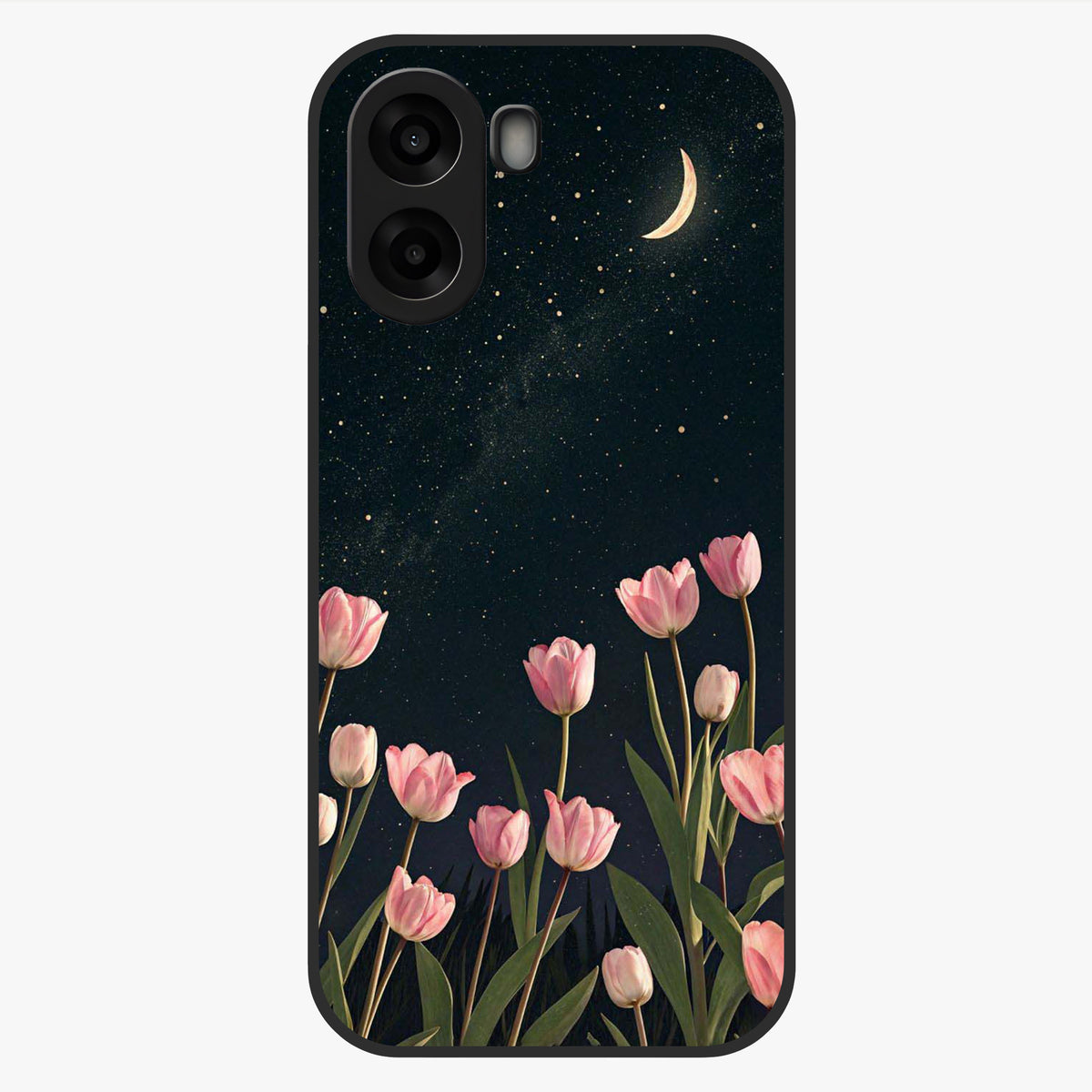 Midnight Tulip Whispers Vibe Glass Case showing flat back view with elegant tulip flower artwork and glossy glass finish.