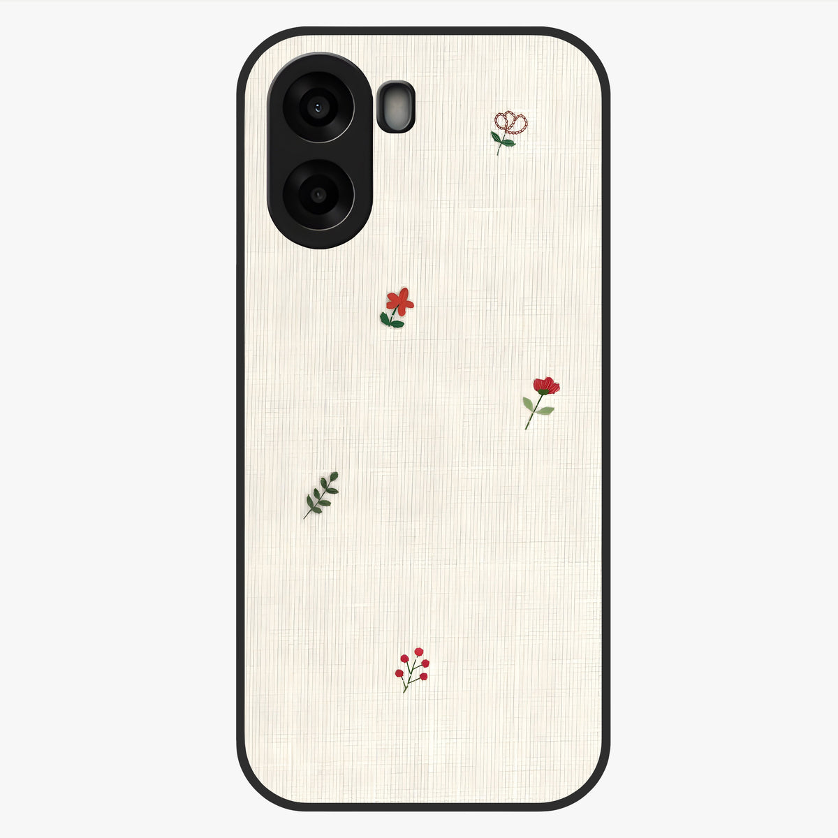 Minimal Petal Whispers Glass Case showing flat back view with soft minimal floral artwork and glossy glass finish.